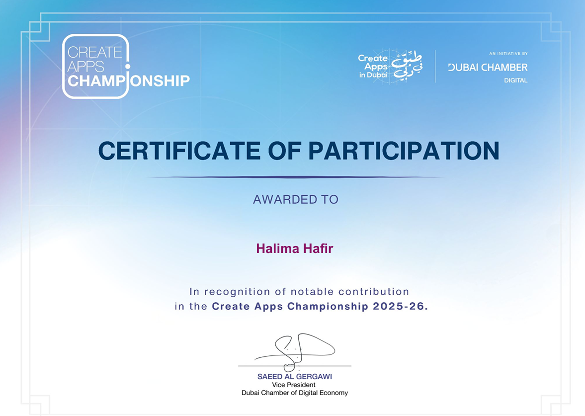 Certificate of Participation awarded to Halima Hafir in the Create Apps Championship 2025-26, signed by the Dubai Chamber of Digital Economy